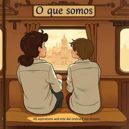 An illustration for the book titled 'O que somos?' depicting two friends sitting on an old-fashioned train bench, gazing out of the window at a vintage cityscape