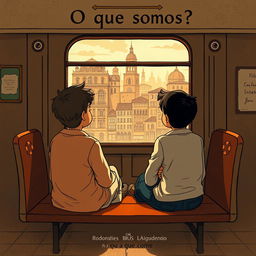 An illustration for the book titled 'O que somos?' depicting two friends sitting on an old-fashioned train bench, gazing out of the window at a vintage cityscape