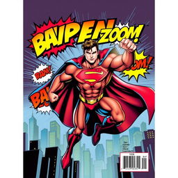 A dynamic comic book cover featuring a powerful superhero in action