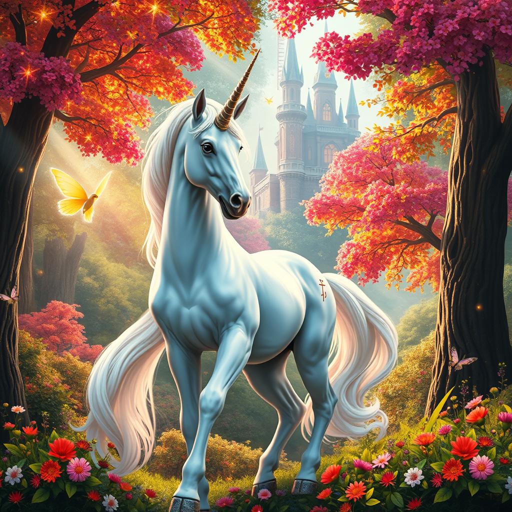 A majestic mystical unicorn standing gracefully in an enchanting fantasy forest