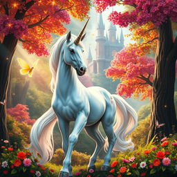 A majestic mystical unicorn standing gracefully in an enchanting fantasy forest