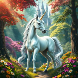 A majestic mystical unicorn standing gracefully in an enchanting fantasy forest