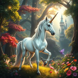 A majestic mystical unicorn standing gracefully in an enchanting fantasy forest