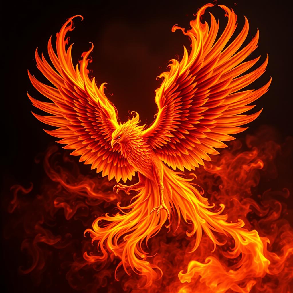 A majestic phoenix with its wings fully spread open, engulfed in vibrant flames