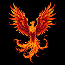 A majestic phoenix with its wings fully spread open, engulfed in vibrant flames