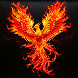 A majestic phoenix with its wings fully spread open, engulfed in vibrant flames