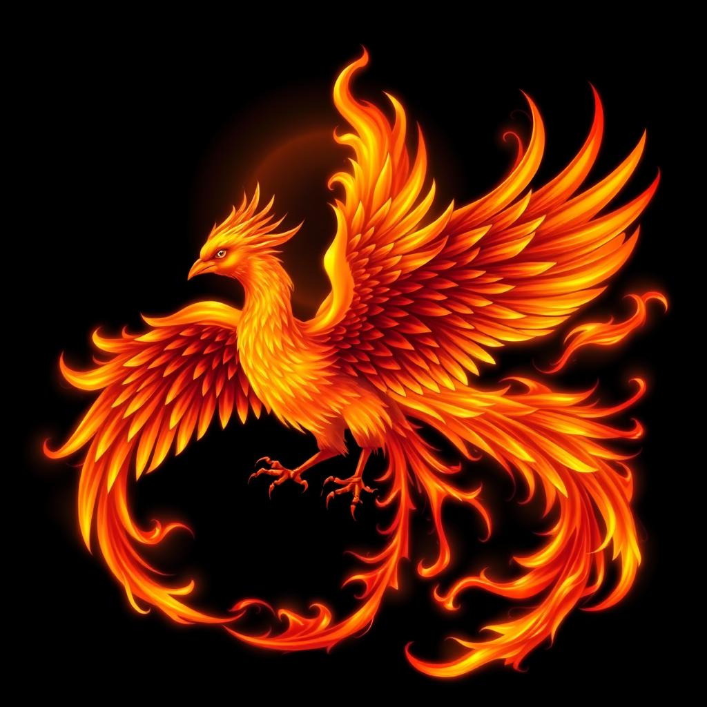 A realistic depiction of a phoenix with its wings wide open, illustrated in vibrant, flowing flames