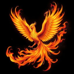 A realistic depiction of a phoenix with its wings wide open, illustrated in vibrant, flowing flames