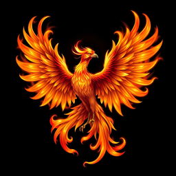 A realistic depiction of a phoenix with its wings wide open, illustrated in vibrant, flowing flames