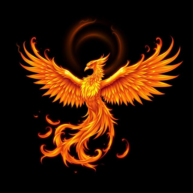 A realistic depiction of a phoenix with its wings wide open, illustrated in vibrant, flowing flames