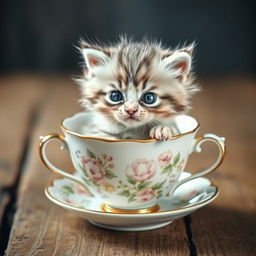 A charming and adorable kitten sitting comfortably in a delicate teacup, displaying playful curiosity