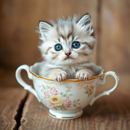 A charming and adorable kitten sitting comfortably in a delicate teacup, displaying playful curiosity