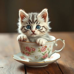 A charming and adorable kitten sitting comfortably in a delicate teacup, displaying playful curiosity