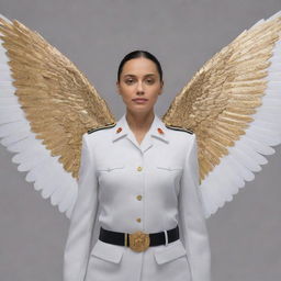 Generate an image of a woman in a military uniform, emanating authority and strength as she spreads her large, white wings adorned with golden stripes.