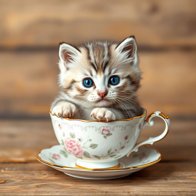 A charming and adorable kitten sitting comfortably in a delicate teacup, displaying playful curiosity