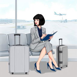 A book cover illustration featuring a woman in a light gray business suit with a dark blue shirt underneath, wearing dark blue high heels