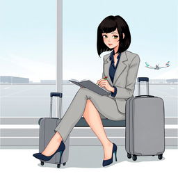 A book cover illustration featuring a woman in a light gray business suit with a dark blue shirt underneath, wearing dark blue high heels