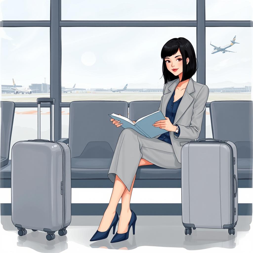 A book cover illustration featuring a woman in a light gray business suit with a dark blue shirt underneath, wearing dark blue high heels