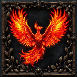 A striking depiction of a phoenix with its wings widely open, depicted in vibrant flames