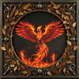 A striking depiction of a phoenix with its wings widely open, depicted in vibrant flames