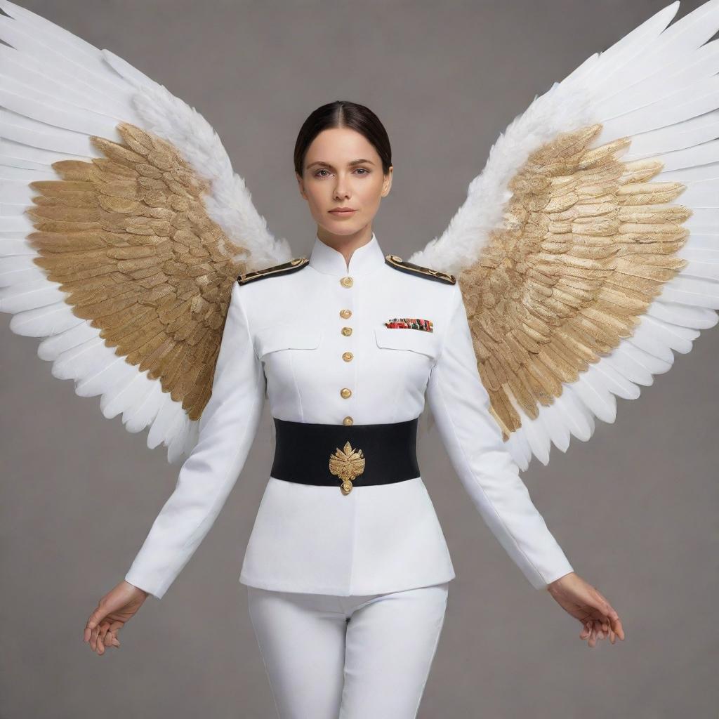 Generate an image of a woman in a military uniform, emanating authority and strength as she spreads her large, white wings adorned with golden stripes.