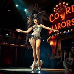 A dazzling scene of a Parisian showgirl performing on stage at the famed Crazy Horse Saloon, embodying the spirit of a glamorous exhibitionist