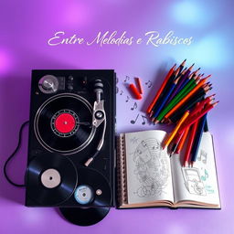 A captivating book cover design for the title "Entre Melodias e Rabiscos" featuring artistic objects that symbolize the story of an impossible love between a DJ and a designer