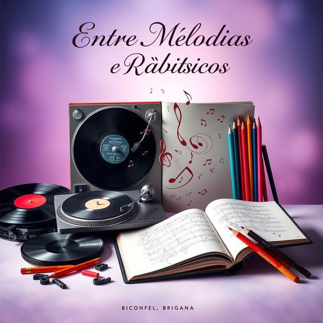 A captivating book cover design for the title "Entre Melodias e Rabiscos" featuring artistic objects that symbolize the story of an impossible love between a DJ and a designer