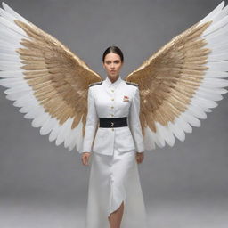 Generate an image of a woman in a military uniform, emanating authority and strength as she spreads her large, white wings adorned with golden stripes.