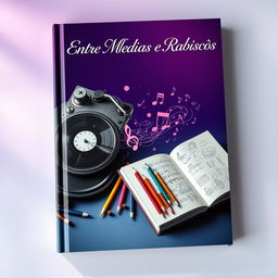 A captivating book cover design for the title "Entre Melodias e Rabiscos" featuring artistic objects that symbolize the story of an impossible love between a DJ and a designer