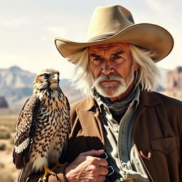 An old but strong man with flowing white hair and deep black eyes, wearing a classic cowboy hat