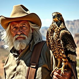 An old but strong man with flowing white hair and deep black eyes, wearing a classic cowboy hat