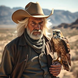 An old but strong man with flowing white hair and deep black eyes, wearing a classic cowboy hat