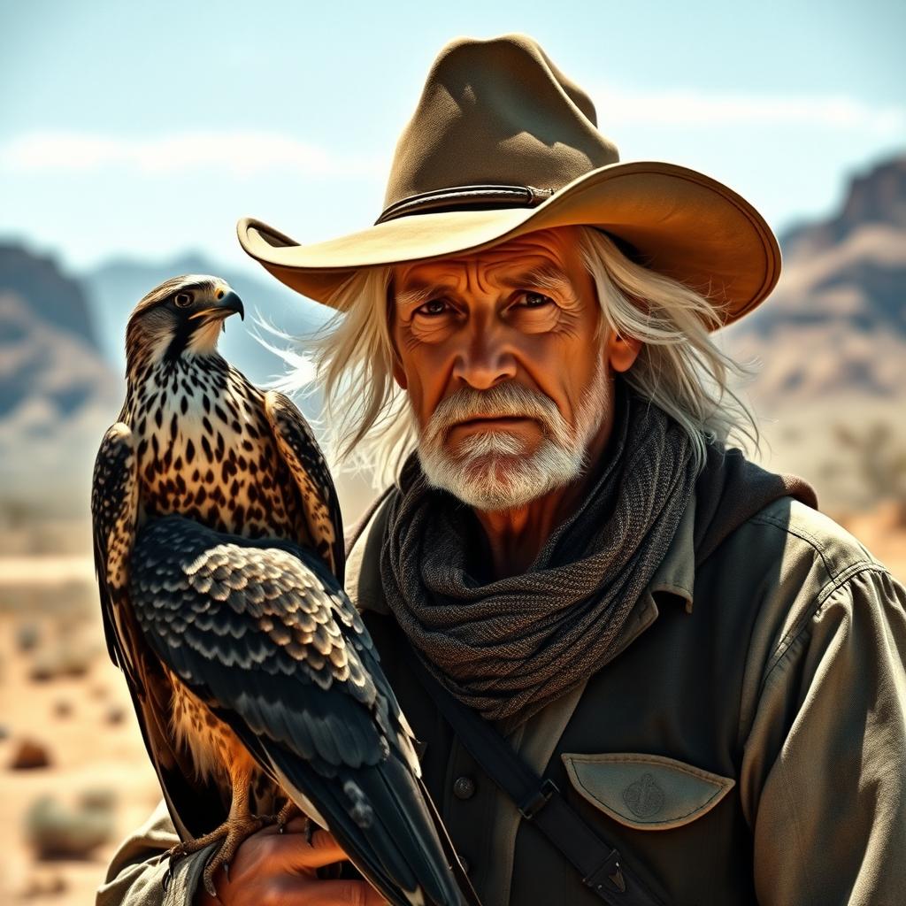 An old but strong man with flowing white hair and deep black eyes, wearing a classic cowboy hat