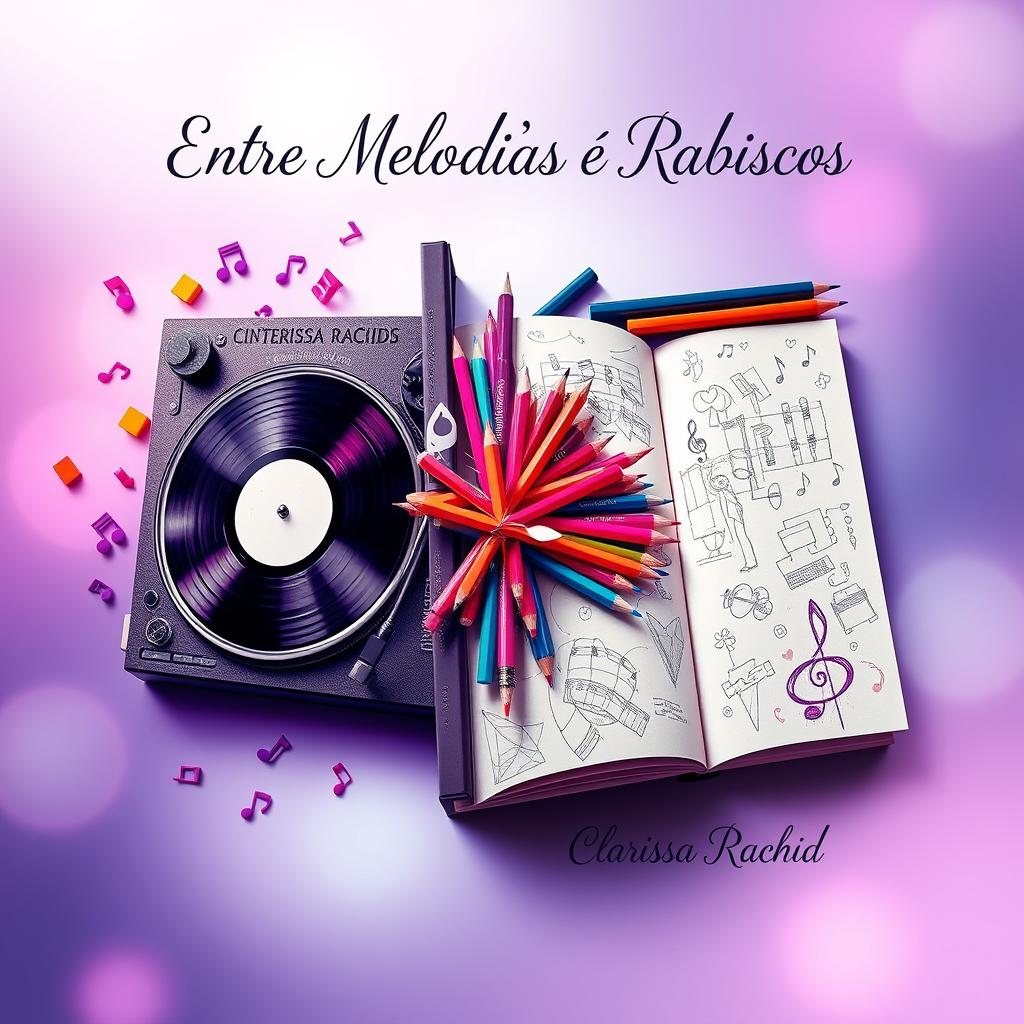 A captivating book cover design for the title "Entre Melodias e Rabiscos" by author Clarissa Rachid, featuring artistic objects that symbolize the story of an impossible love between a DJ and a designer