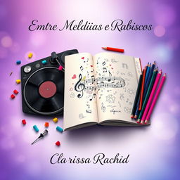 A captivating book cover design for the title "Entre Melodias e Rabiscos" by author Clarissa Rachid, featuring artistic objects that symbolize the story of an impossible love between a DJ and a designer