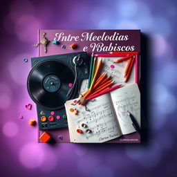 A captivating book cover design for the title "Entre Melodias e Rabiscos" by author Clarissa Rachid, featuring artistic objects that symbolize the story of an impossible love between a DJ and a designer