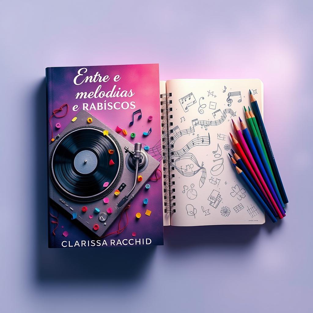 A captivating book cover design for the title "Entre Melodias e Rabiscos" by author Clarissa Rachid, featuring artistic objects that symbolize the story of an impossible love between a DJ and a designer