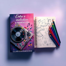 A captivating book cover design for the title "Entre Melodias e Rabiscos" by author Clarissa Rachid, featuring artistic objects that symbolize the story of an impossible love between a DJ and a designer