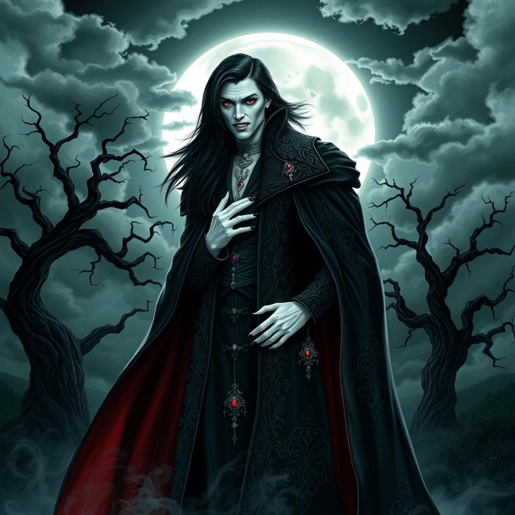 A stunning vampire character design for a gothic novel cover, featuring a tall, elegant vampire with pale skin and sharp fangs, dressed in an ornate, flowing black cloak with deep crimson lining