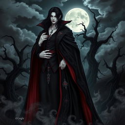 A stunning vampire character design for a gothic novel cover, featuring a tall, elegant vampire with pale skin and sharp fangs, dressed in an ornate, flowing black cloak with deep crimson lining