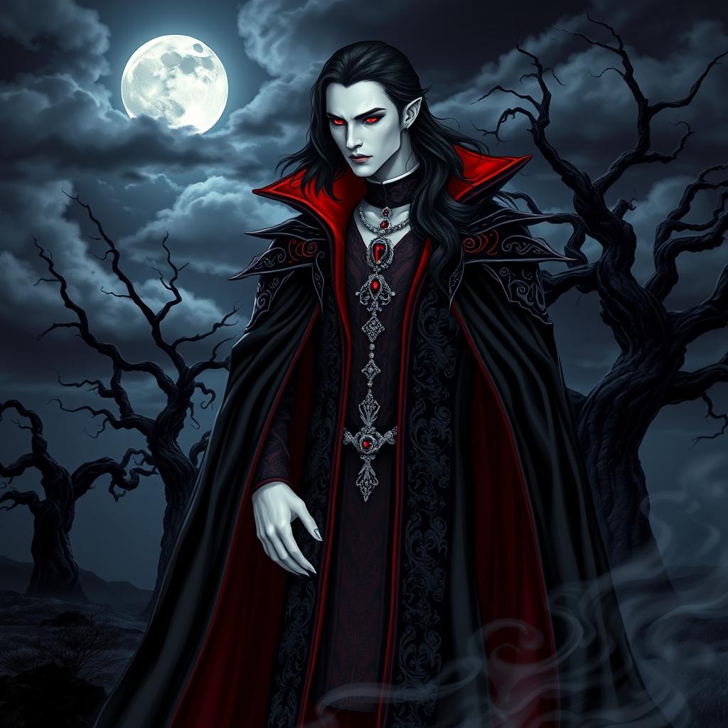 A stunning vampire character design for a gothic novel cover, featuring a tall, elegant vampire with pale skin and sharp fangs, dressed in an ornate, flowing black cloak with deep crimson lining