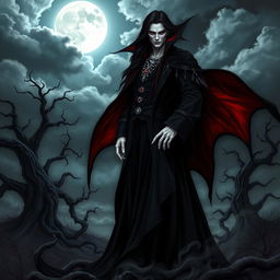 A stunning vampire character design for a gothic novel cover, featuring a tall, elegant vampire with pale skin and sharp fangs, dressed in an ornate, flowing black cloak with deep crimson lining