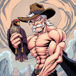 An old but strong man with striking white hair and piercing black eyes, adorned with a classic cowboy hat, depicted in the distinctive JoJo's Bizarre Adventure art style