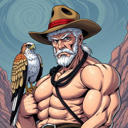 An old but strong man with striking white hair and piercing black eyes, adorned with a classic cowboy hat, depicted in the distinctive JoJo's Bizarre Adventure art style