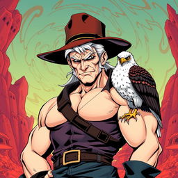 An old but strong man with striking white hair and piercing black eyes, adorned with a classic cowboy hat, depicted in the distinctive JoJo's Bizarre Adventure art style