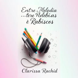 A captivating book cover design featuring a pair of headphones intertwined with colorful sketch pens and scattered doodles, symbolizing the connection between music and drawing