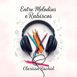 A captivating book cover design featuring a pair of headphones intertwined with colorful sketch pens and scattered doodles, symbolizing the connection between music and drawing