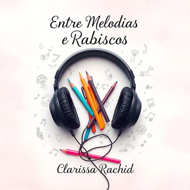 A captivating book cover design featuring a pair of headphones intertwined with colorful sketch pens and scattered doodles, symbolizing the connection between music and drawing