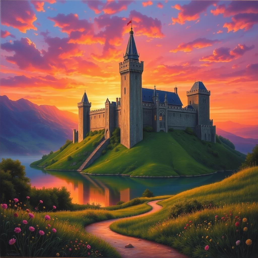 A breathtaking medieval castle illuminated by the warm hues of sunset, showcasing tall towers and intricate architecture with battlements